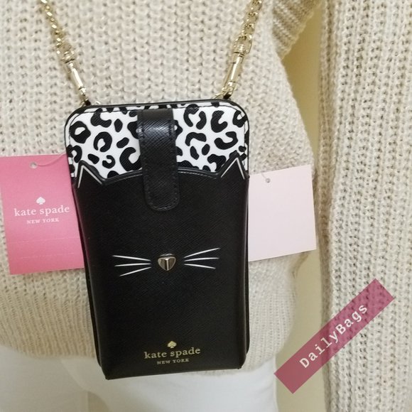 NWT KATE SPADE 100% AUTHENTIC NORTH PHONE CROSSBODY CAT MEOW BLACK WHITE - Picture 6 of 12
